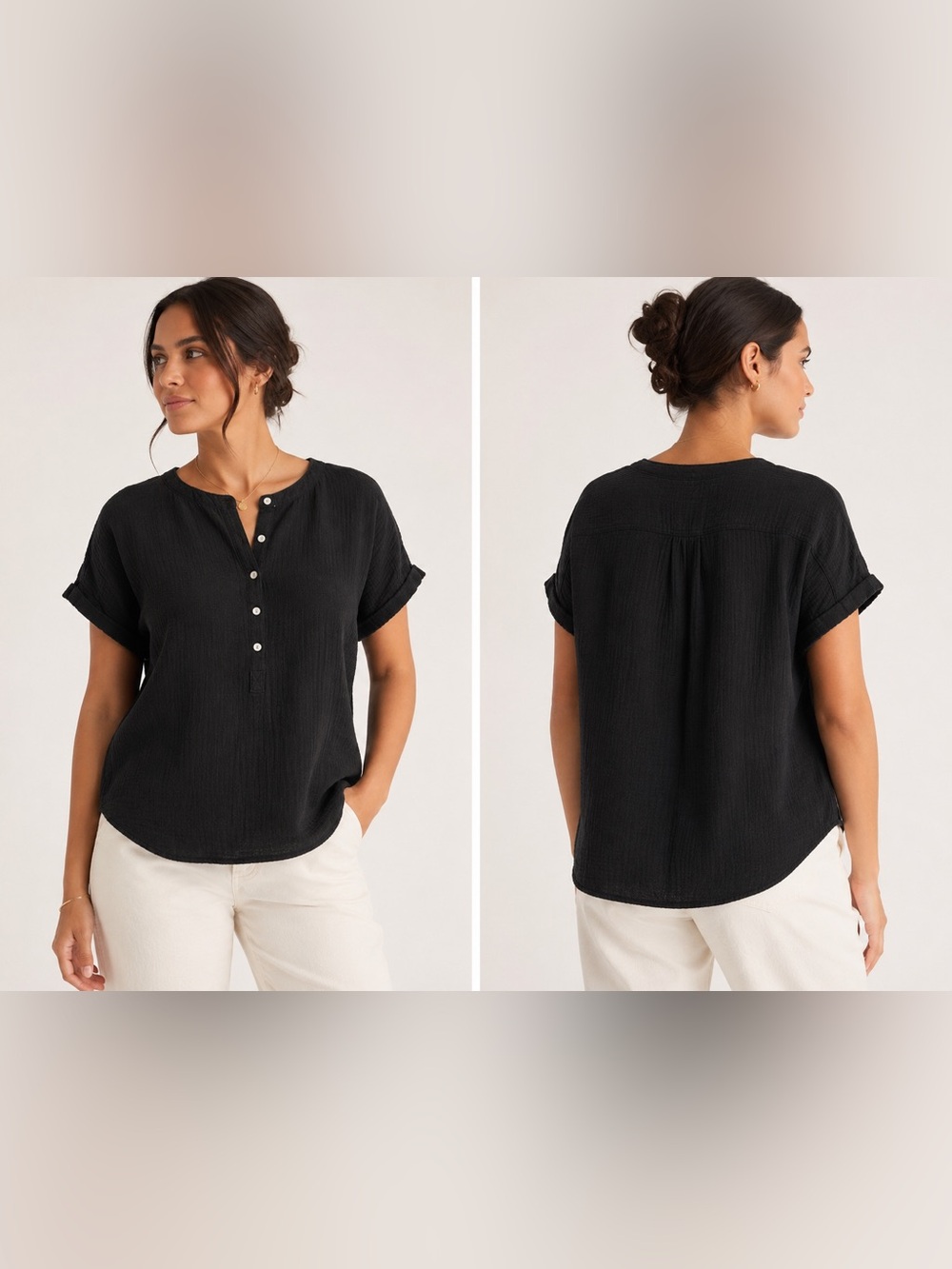 Quince 100% Organic Cotton Gauze Roll Sleeve Shirt Black XL